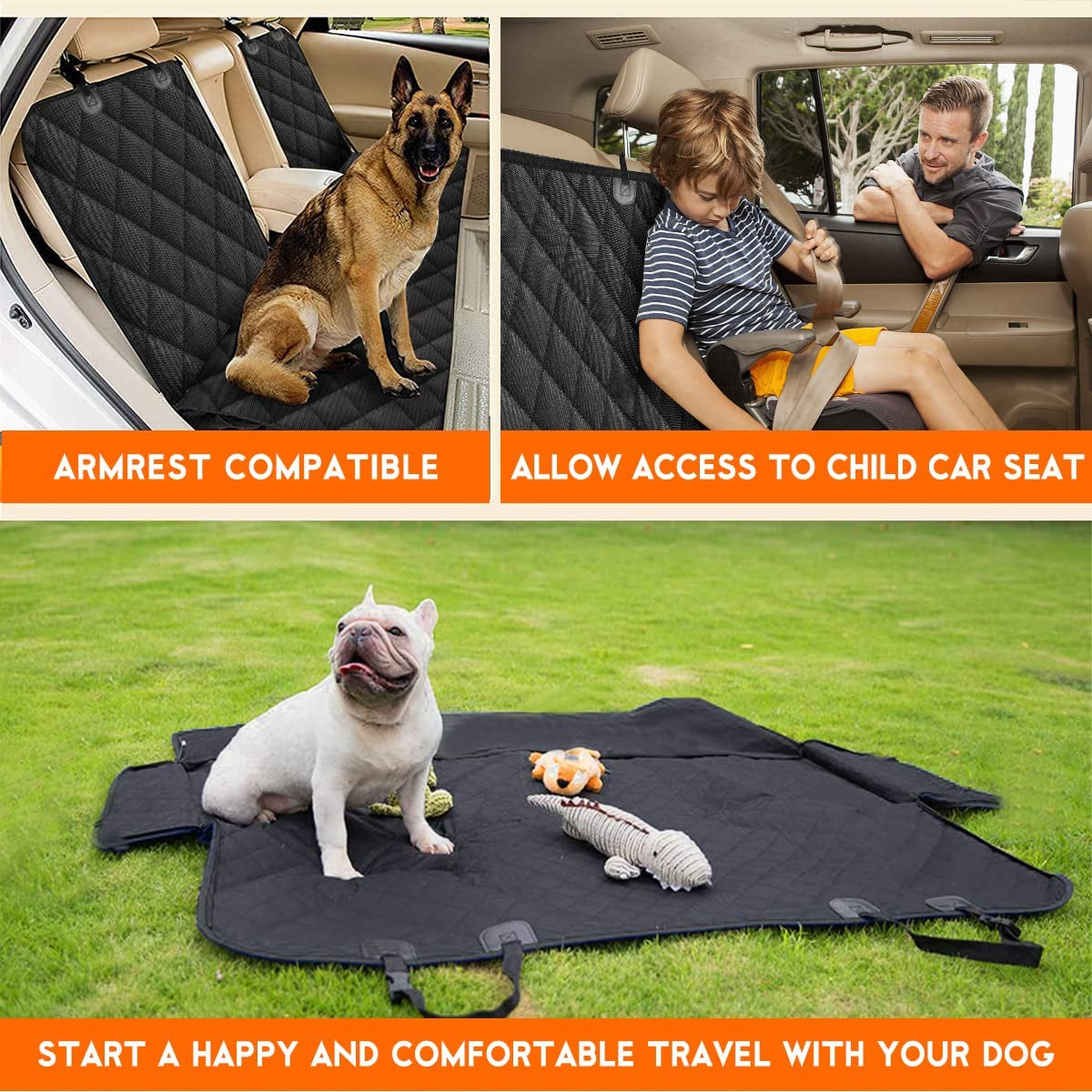 Premium Waterproof Dog Car Seat Cover - Non-Slip Back Seat Protector for Pets, Fits Most Cars, Trucks, and SUVs with Middle Armrest - Black