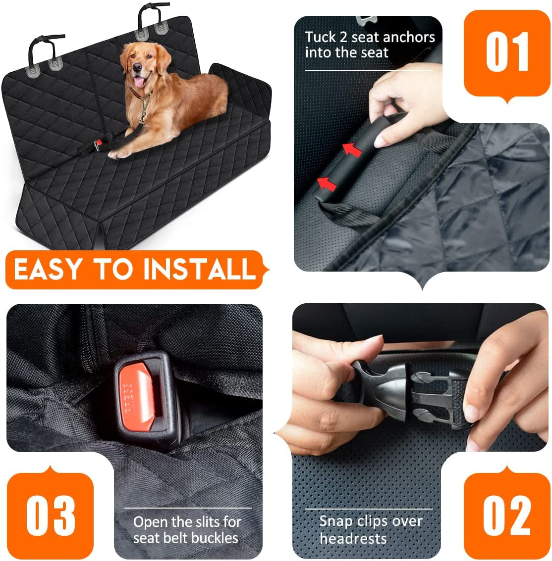 Premium Waterproof Dog Car Seat Cover - Non-Slip Back Seat Protector for Pets, Fits Most Cars, Trucks, and SUVs with Middle Armrest - Black